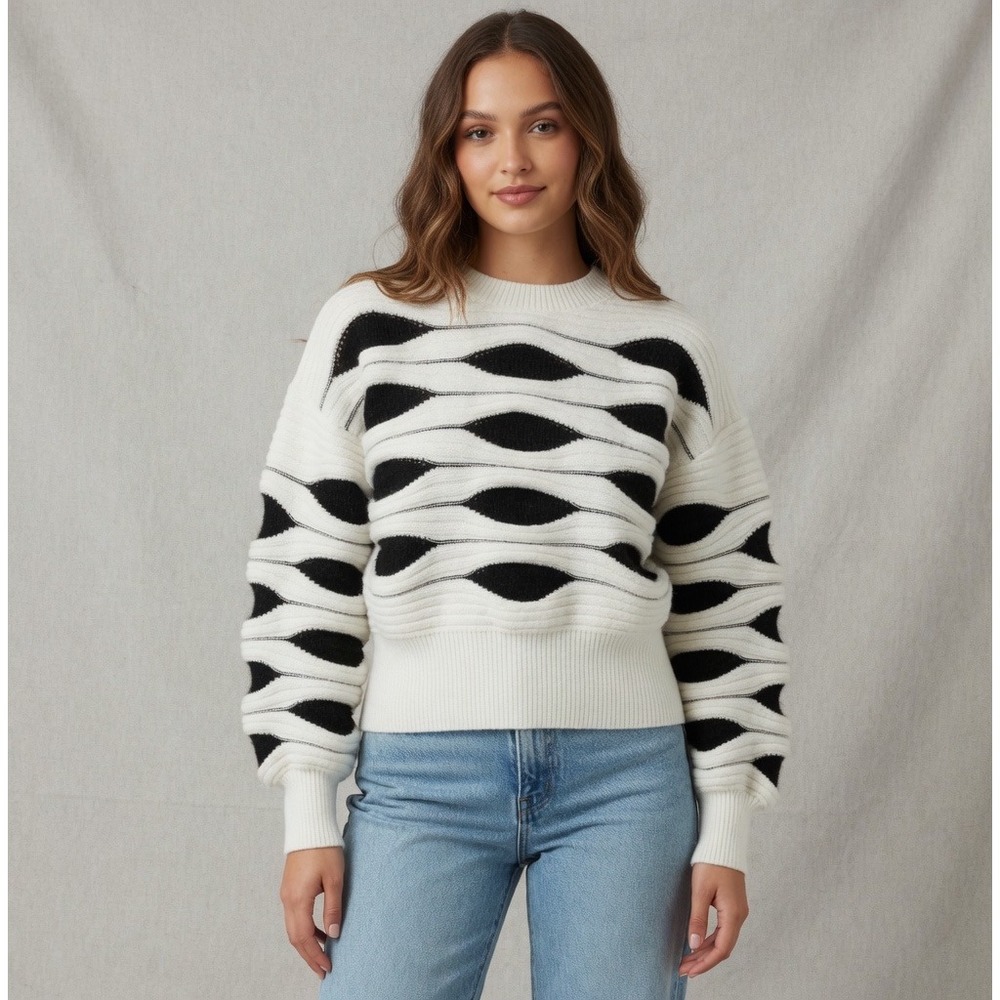 Nanette Nanette Lepore Womens Small Brown White Geometric Knit Crewneck Sweater